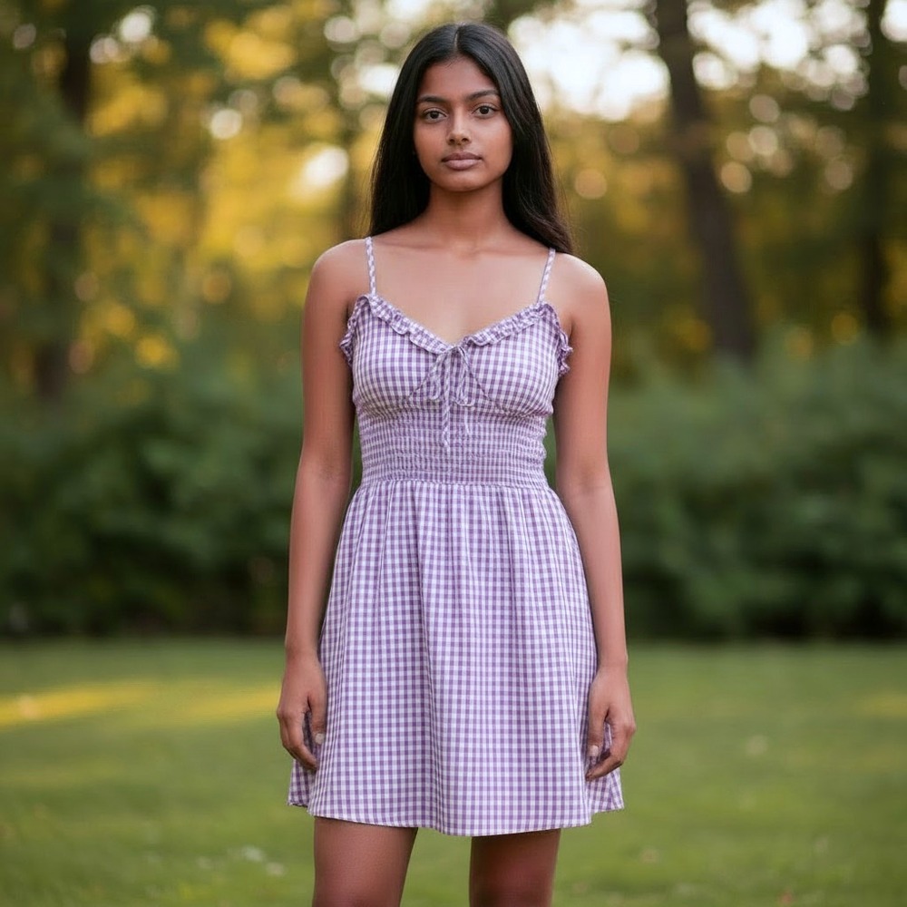 NWT Rouje Andria Vichy Lilac Gingham Smocked Mini Dress Purple White Size 36 (4)